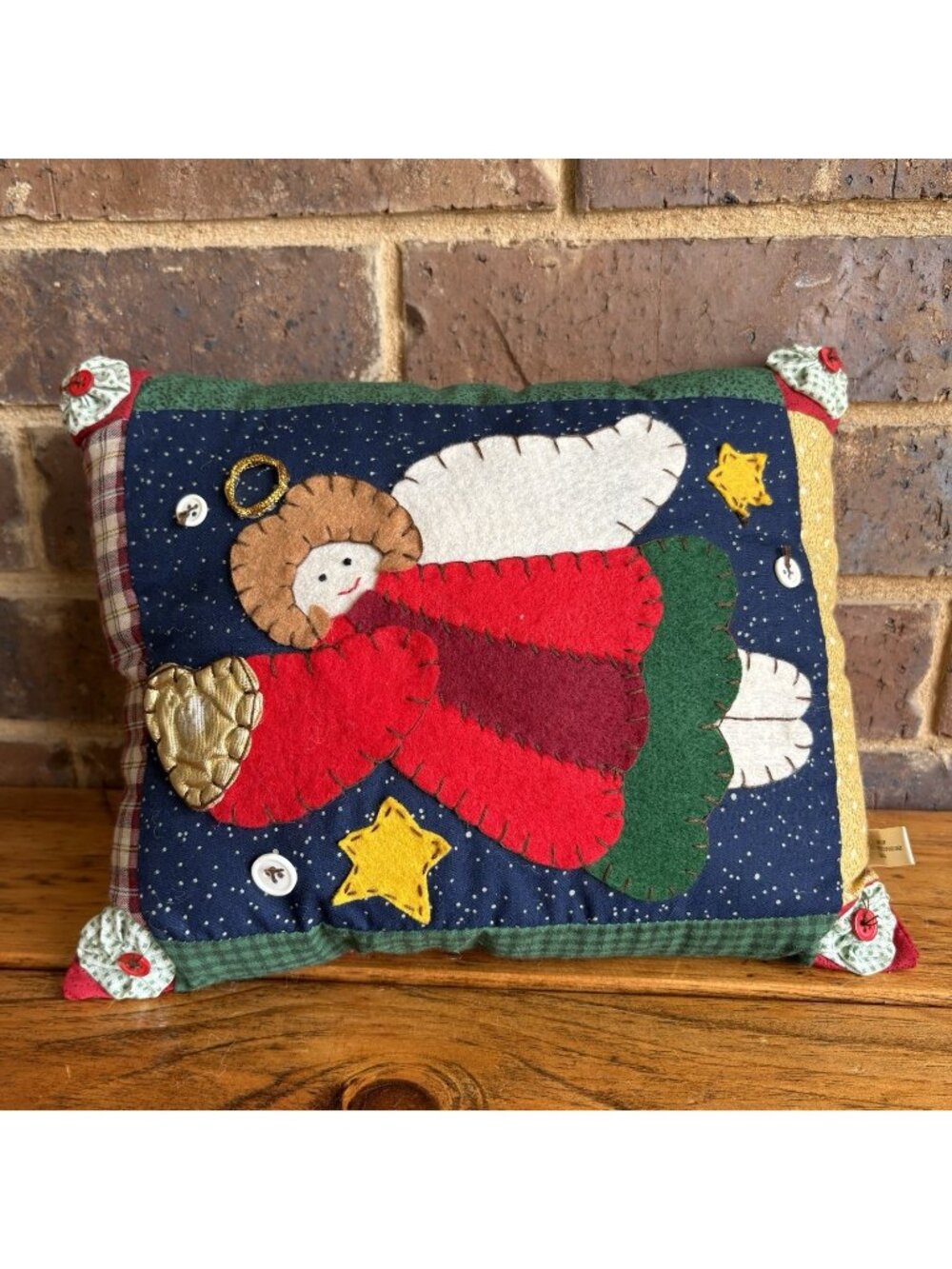 Felt Appliqué Angel Patchwork Throw Pillow 10 in  X 12 in Vintage